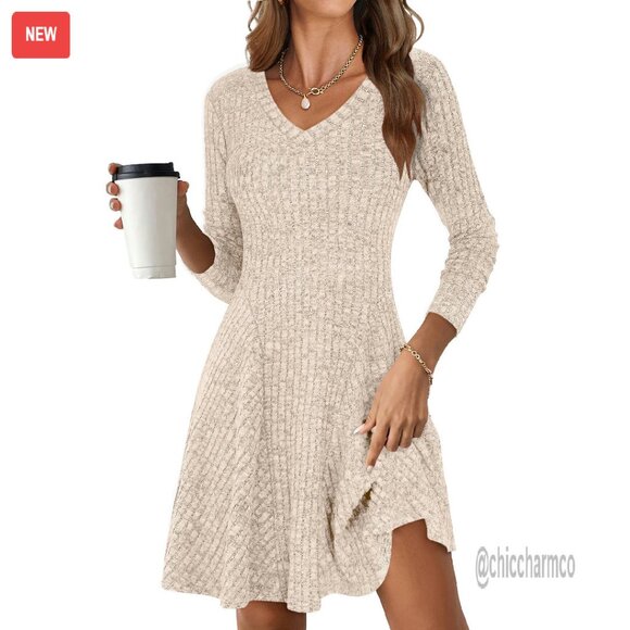 Long Sleeve Ribbed Knit V-Neck Sweater Dress Casual Swing A-Line